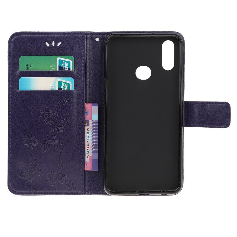 Leren Hoesje voor Samsung Galaxy A10s Paars Lichtblauw Vlinders En Stringbloemen