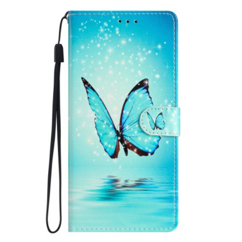 Folio-hoesje voor Samsung Galaxy A54 5G Met Ketting Blauwe Vlinder Met Riem