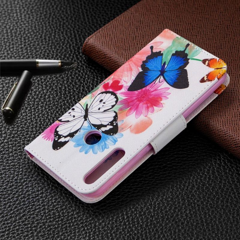 Flip Case Leren Huawei P40 Lite E / Y7p Lichtblauw Magenta Geschilderde Vlinders En Bloemen