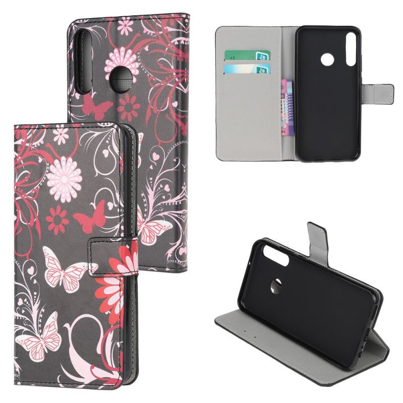 Flip Case Leren Huawei P40 Lite E / Y7p Wit Zwart Vlinders En Bloemen 2
