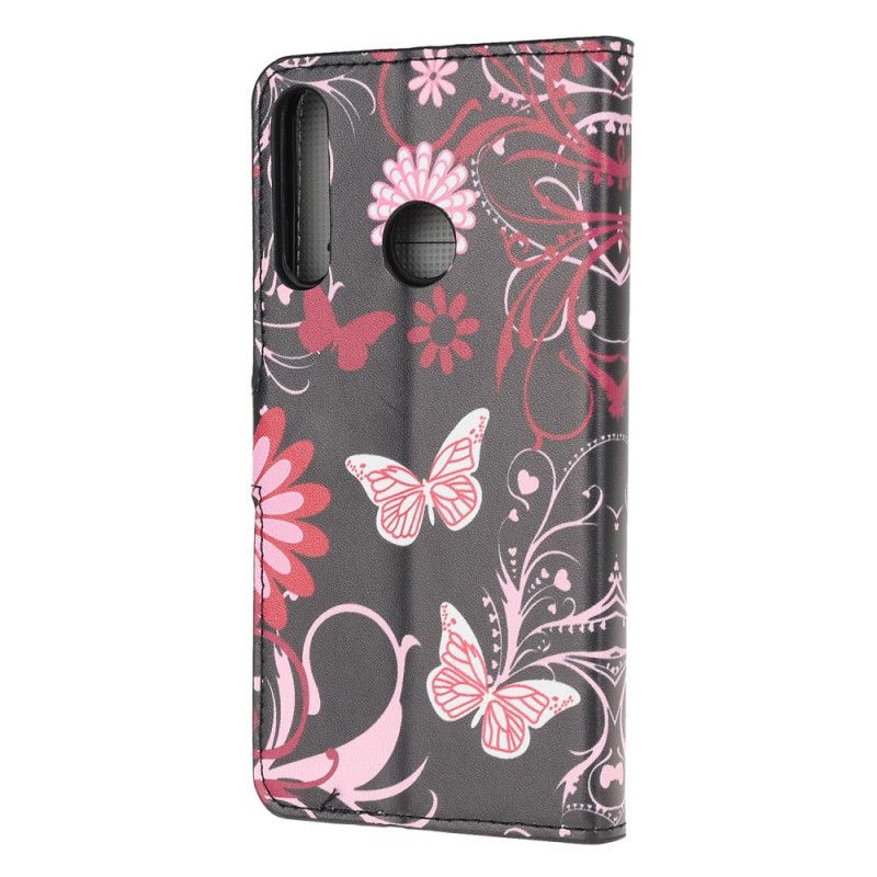 Flip Case Leren Huawei P40 Lite E / Y7p Wit Zwart Vlinders En Bloemen 2