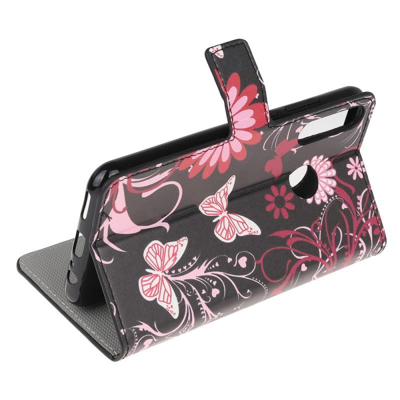 Flip Case Leren Huawei P40 Lite E / Y7p Wit Zwart Vlinders En Bloemen 2