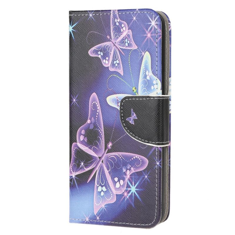 Leren Hoesje Huawei P40 Lite E / Y7p Paars Lichtblauw Telefoonhoesje Vlinders En Bloemen