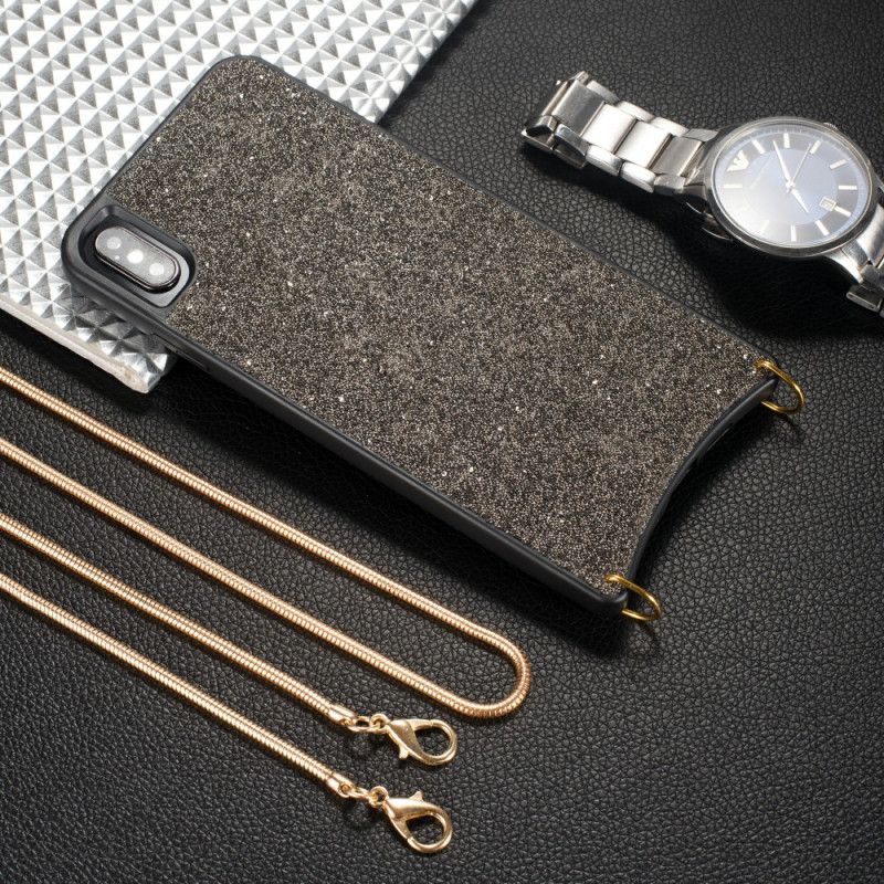 Cover Hoesje iPhone X Bruin Zwart Telefoonhoesje Pailletten Met Ketting