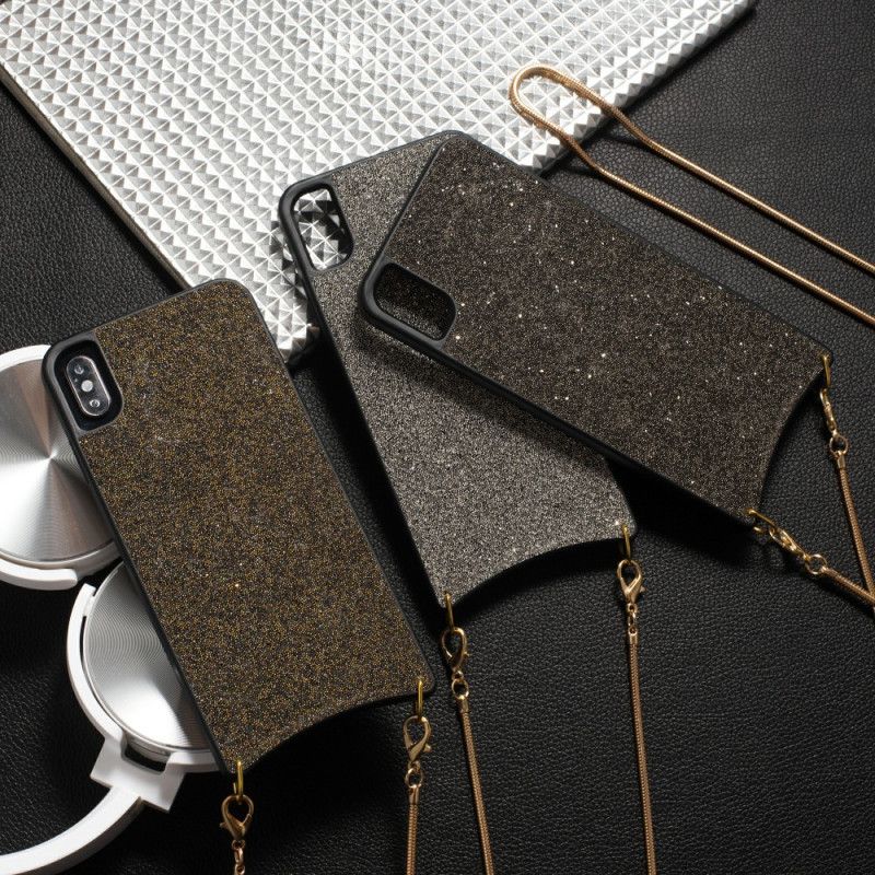 Cover Hoesje iPhone X Bruin Zwart Telefoonhoesje Pailletten Met Ketting