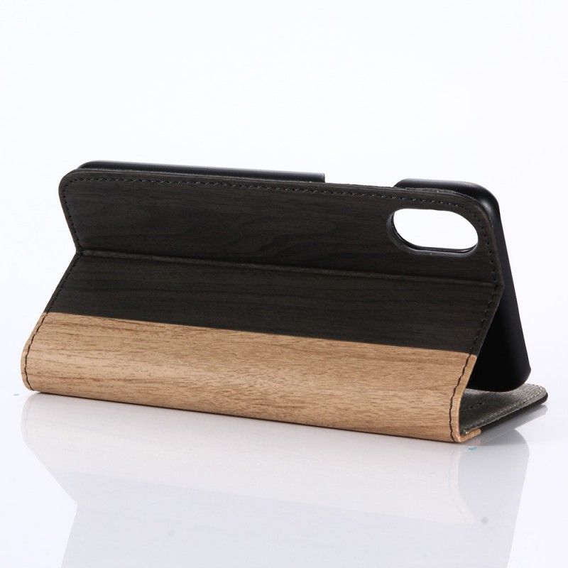 Flip Case Leren iPhone X Bruin Tweekleurig Houtdessin