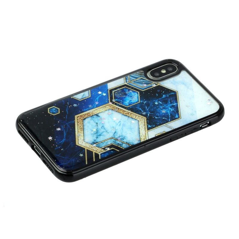 Hoesje iPhone X Magenta Zwart Siliconen En Epoxy Marmer Stijl