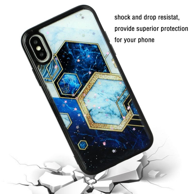 Hoesje iPhone X Magenta Zwart Siliconen En Epoxy Marmer Stijl