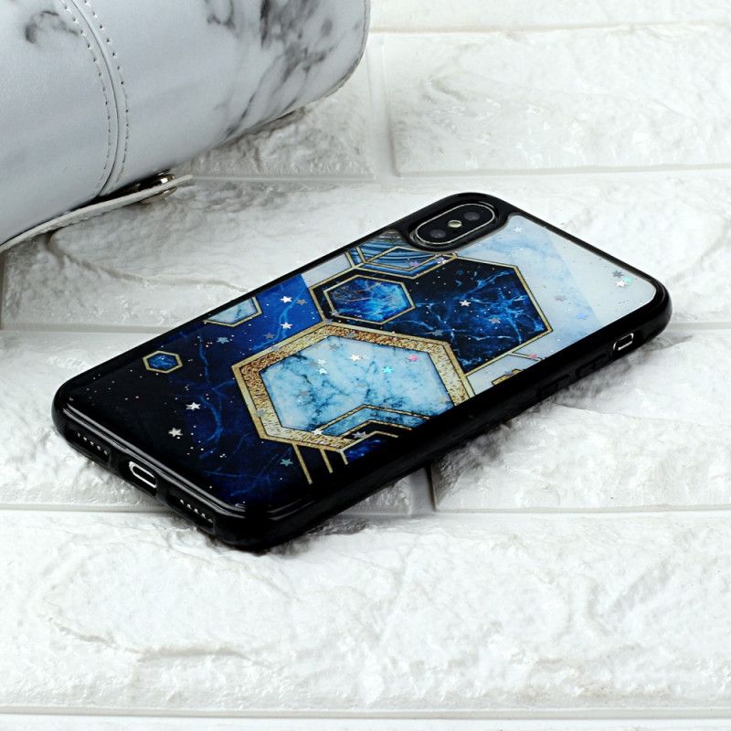 Hoesje iPhone X Magenta Zwart Siliconen En Epoxy Marmer Stijl