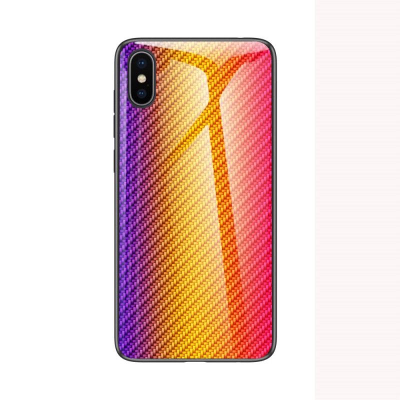 Hoesje iPhone X Oranje Magenta Koolstofvezel Gehard Glas