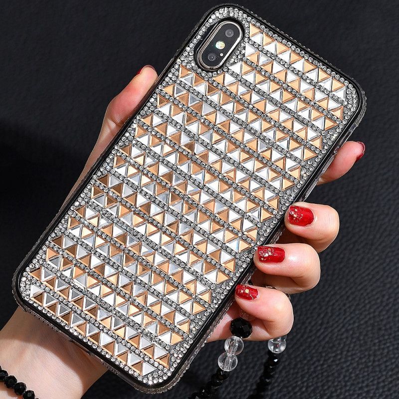 Hoesje iPhone X Roze Zwart Driehoekige Diamanten