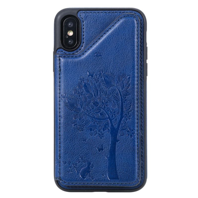 Hoesje voor iPhone X Roségoud Marineblauw Kaarthouder Met Kattenprint