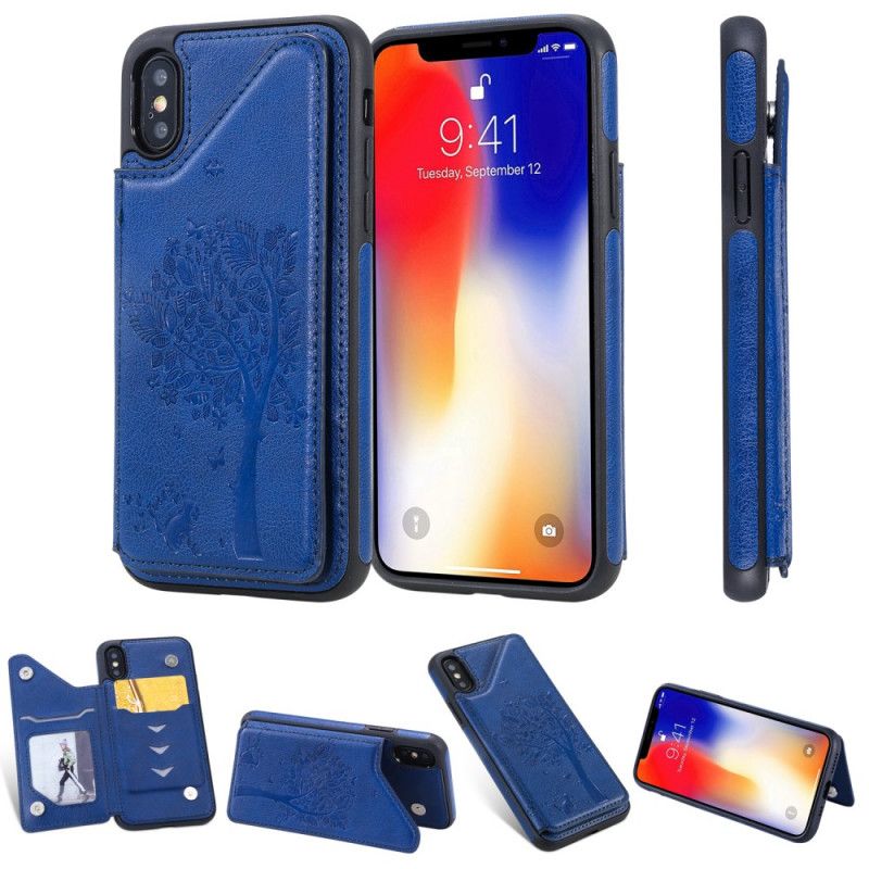 Hoesje voor iPhone X Roségoud Marineblauw Kaarthouder Met Kattenprint