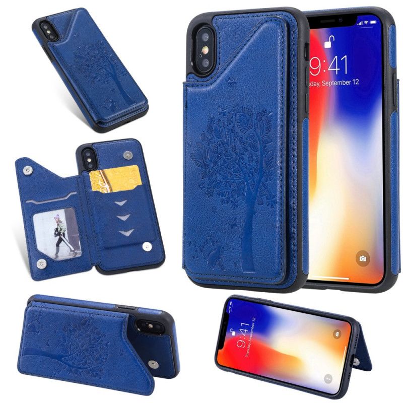 Hoesje voor iPhone X Roségoud Marineblauw Kaarthouder Met Kattenprint