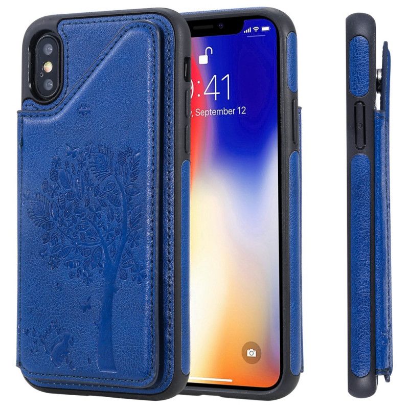 Hoesje voor iPhone X Roségoud Marineblauw Kaarthouder Met Kattenprint