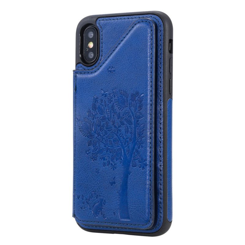 Hoesje voor iPhone X Roségoud Marineblauw Kaarthouder Met Kattenprint