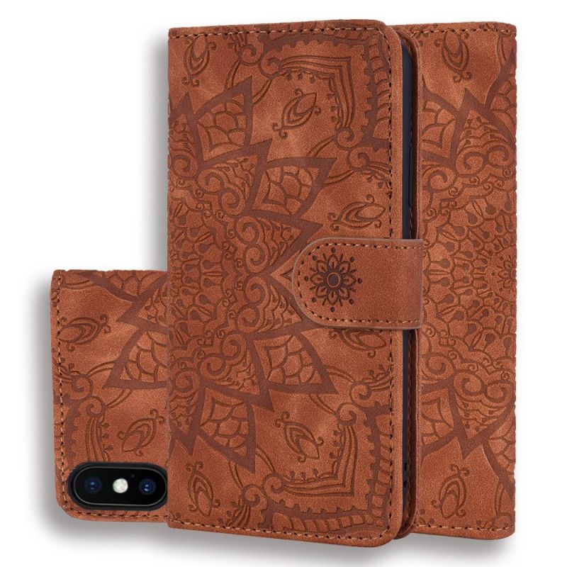 Leren Hoesje iPhone X Bruin Zwart Bloemenprint