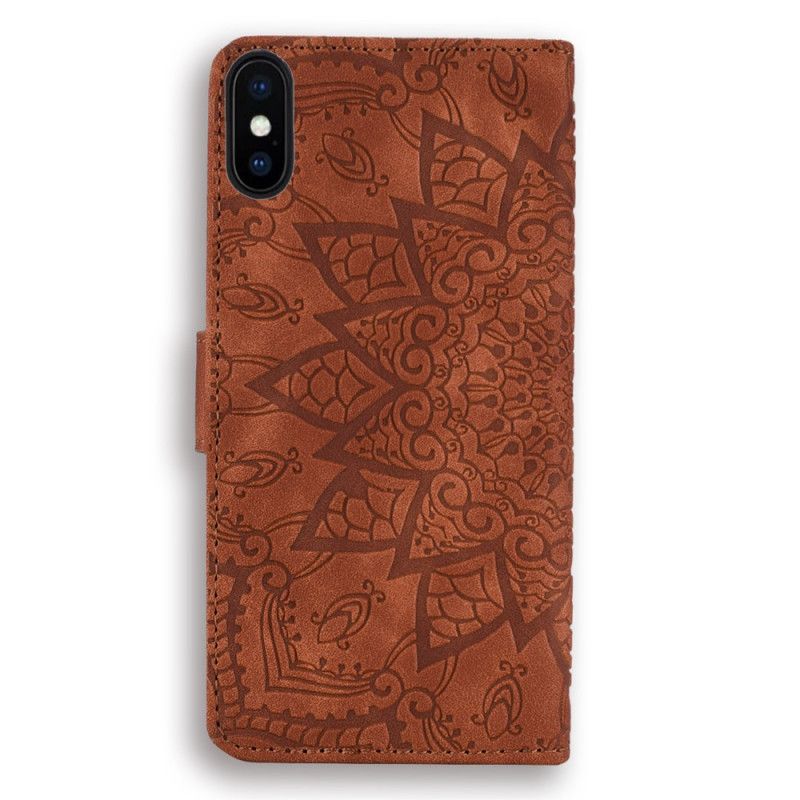 Leren Hoesje iPhone X Bruin Zwart Bloemenprint