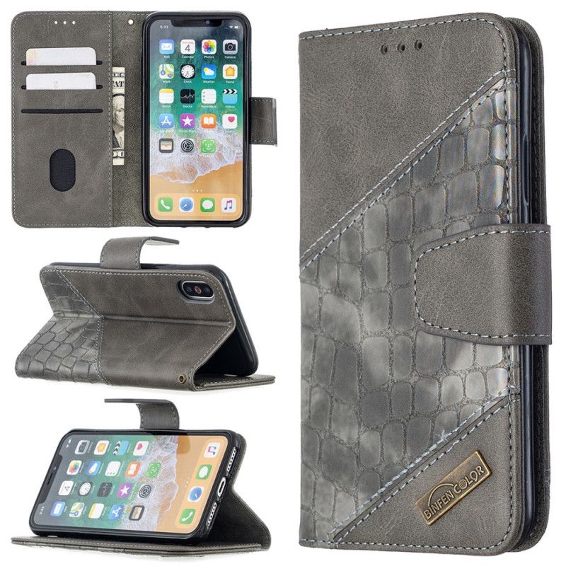 Leren Hoesje iPhone X Grijs Zwart Klassiek Krokodillenleer-Effect