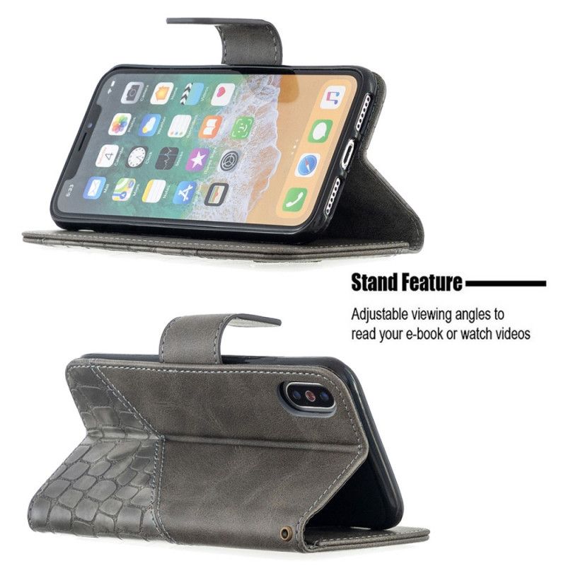 Leren Hoesje iPhone X Grijs Zwart Klassiek Krokodillenleer-Effect