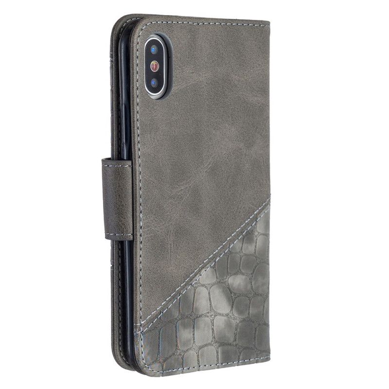 Leren Hoesje iPhone X Grijs Zwart Klassiek Krokodillenleer-Effect