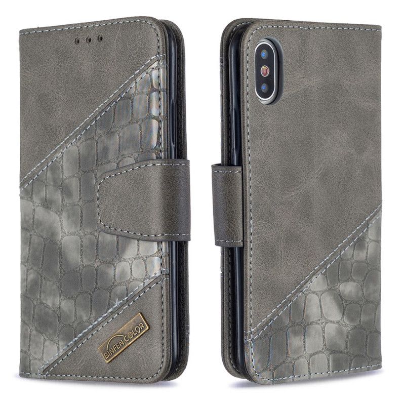 Leren Hoesje iPhone X Grijs Zwart Klassiek Krokodillenleer-Effect