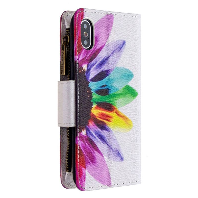 Leren Hoesje iPhone X Wit Zwart Bloemenzak Met Ritssluiting