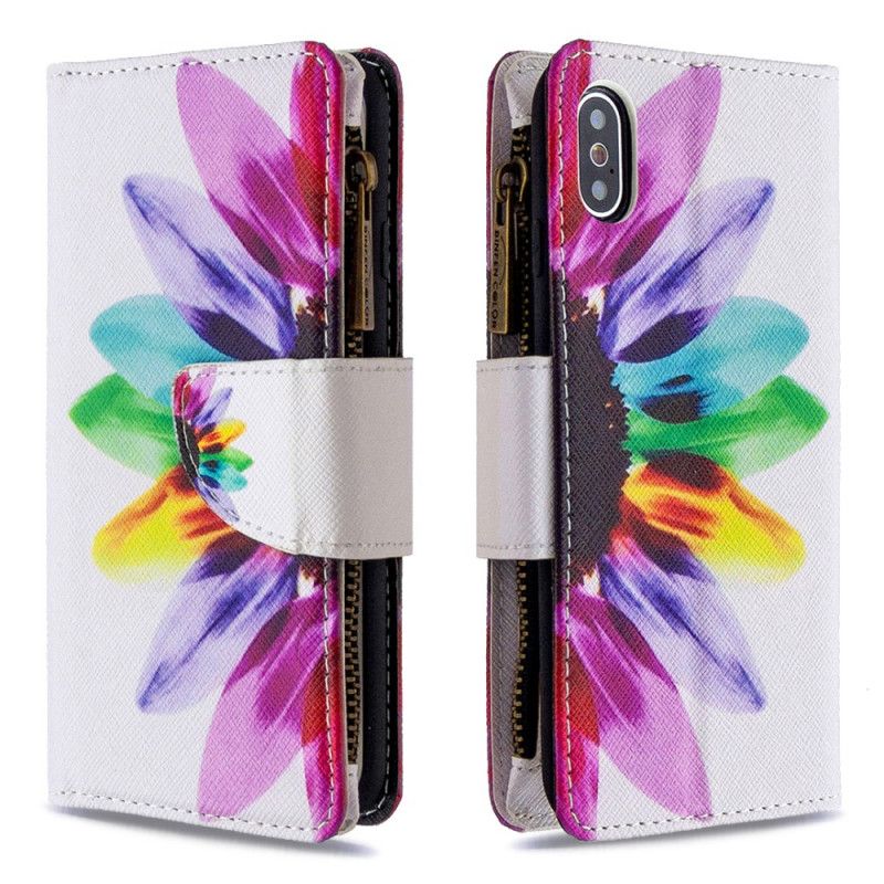 Leren Hoesje iPhone X Wit Zwart Bloemenzak Met Ritssluiting