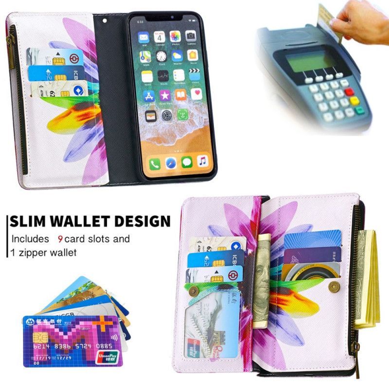 Leren Hoesje iPhone X Wit Zwart Bloemenzak Met Ritssluiting