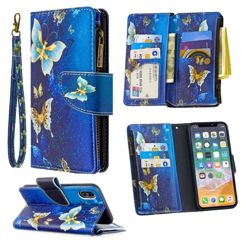 Leren Hoesje iPhone X Wit Zwart Telefoonhoesje Vlindervak Met Ritssluiting