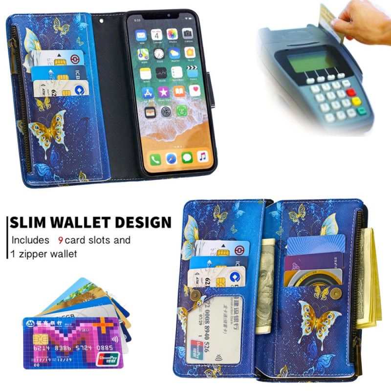 Leren Hoesje iPhone X Wit Zwart Telefoonhoesje Vlindervak Met Ritssluiting