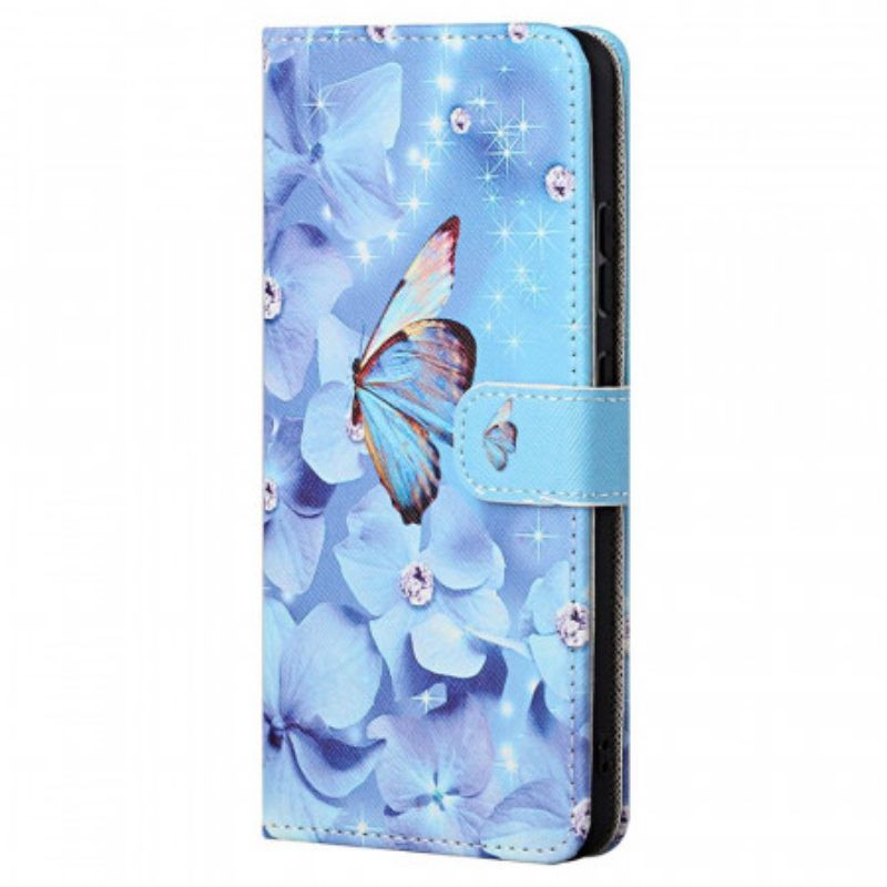 Folio-hoesje voor Xiaomi Redmi Note 11 / 11S Met Ketting Strappy Diamanten Vlinders