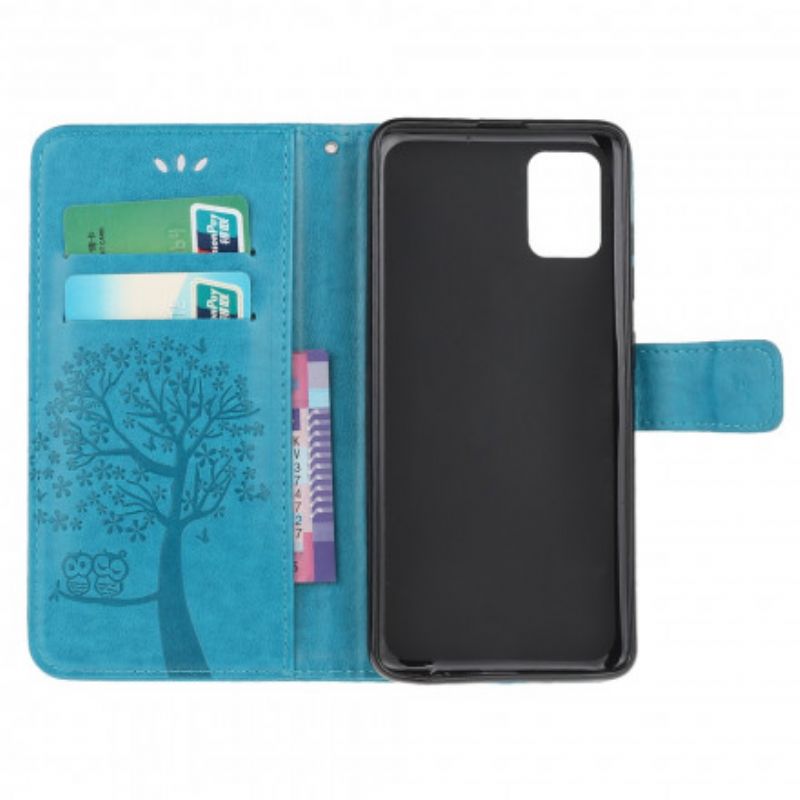 Leren Hoesje Moto G100 Boom En Strappy Uilen Bescherming Hoesje