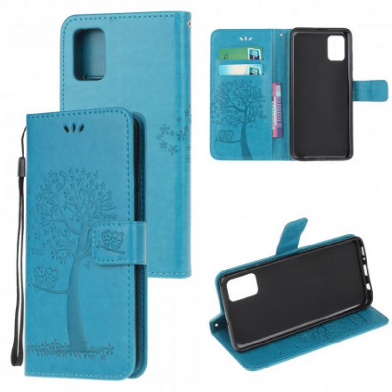 Leren Hoesje Moto G100 Boom En Strappy Uilen Bescherming Hoesje