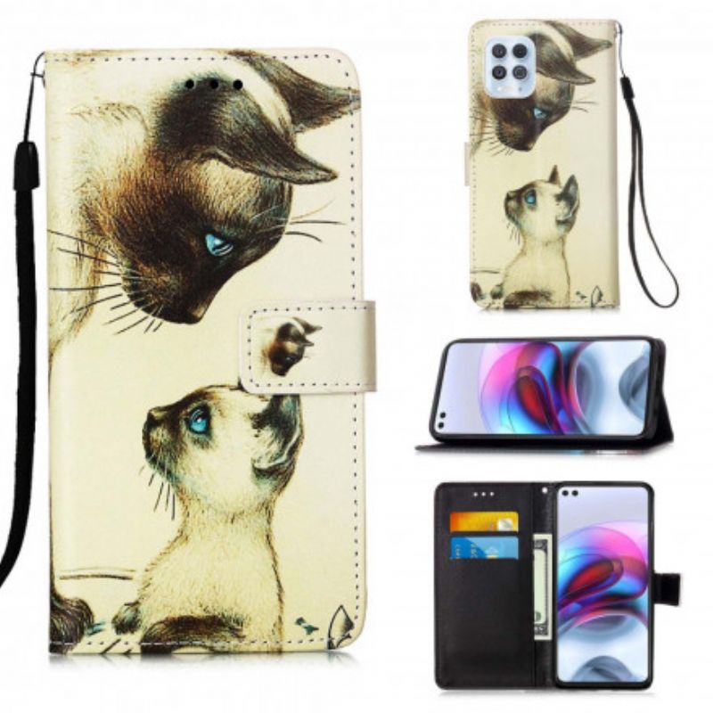 Leren Hoesje Moto G100 Kitten En Mama Met Bandjes Bescherming Hoesje