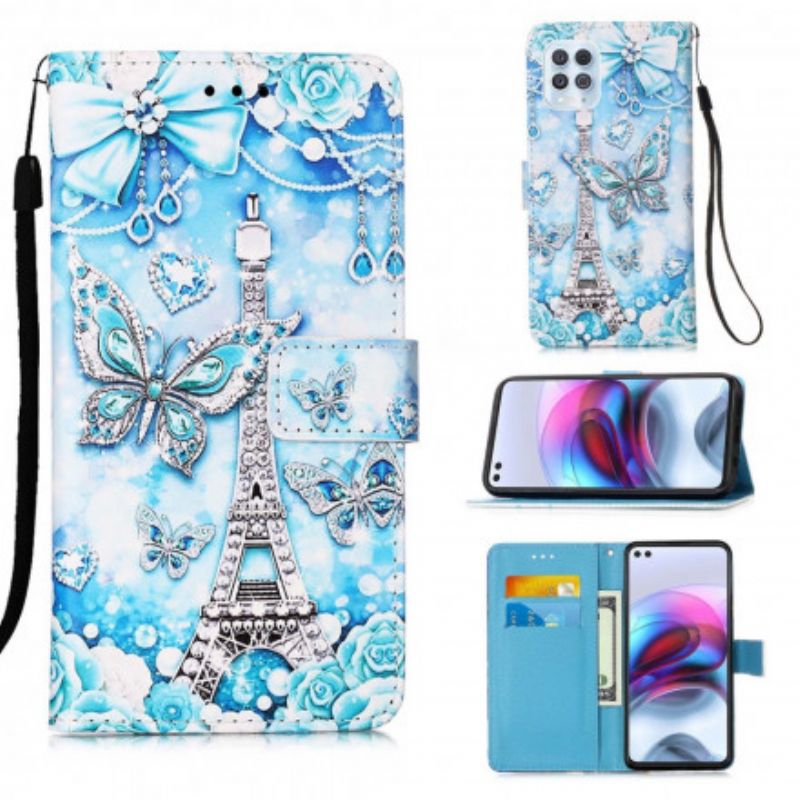 Leren Hoesje Voor Moto G100 Eiffeltoren Vlinders Riem