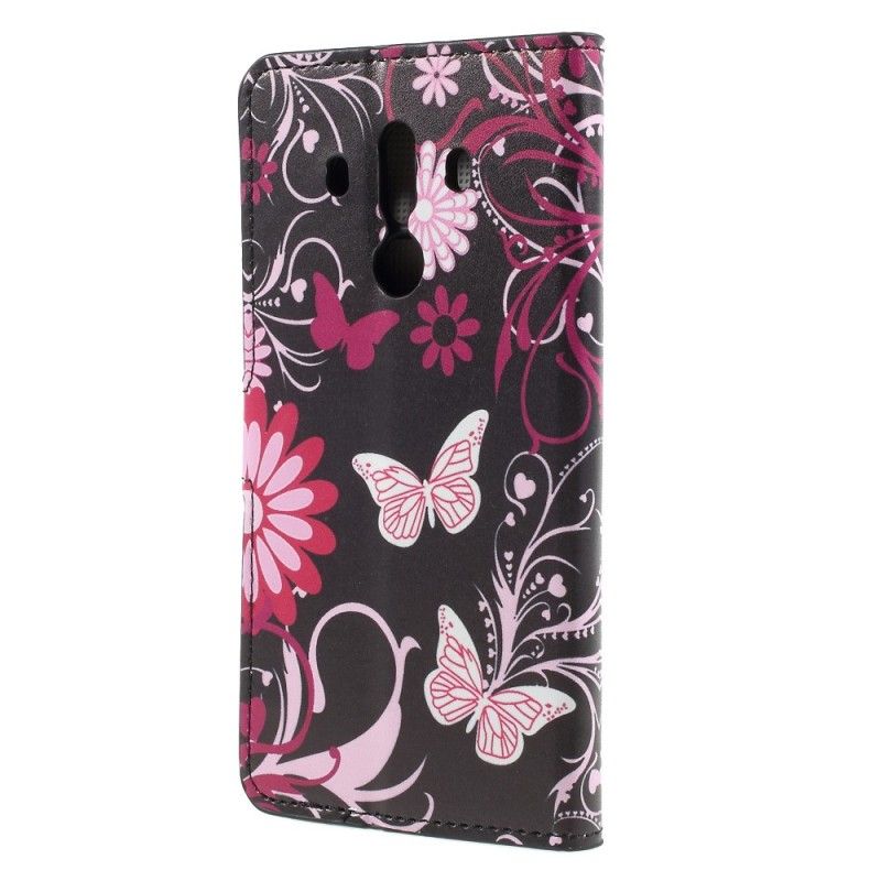 Leren Hoesje Huawei Mate 10 Pro Zwart Vlinders En Bloemen