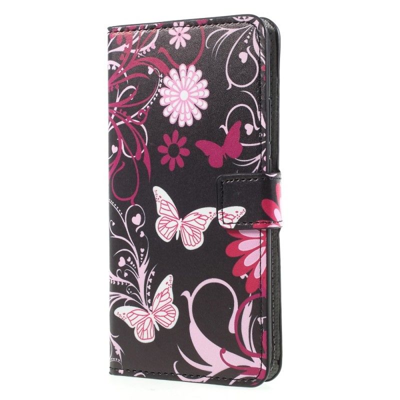 Leren Hoesje Huawei Mate 10 Pro Zwart Vlinders En Bloemen