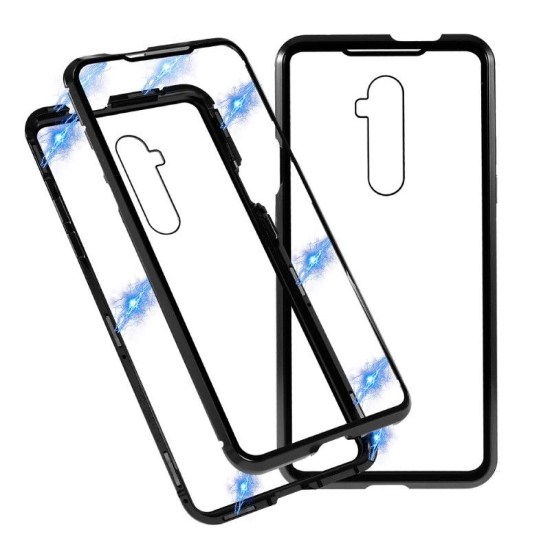 Cover Hoesje OnePlus 7T Pro Donkerblauw Zwart Telefoonhoesje Randen Van Metaal En Gehard Glas