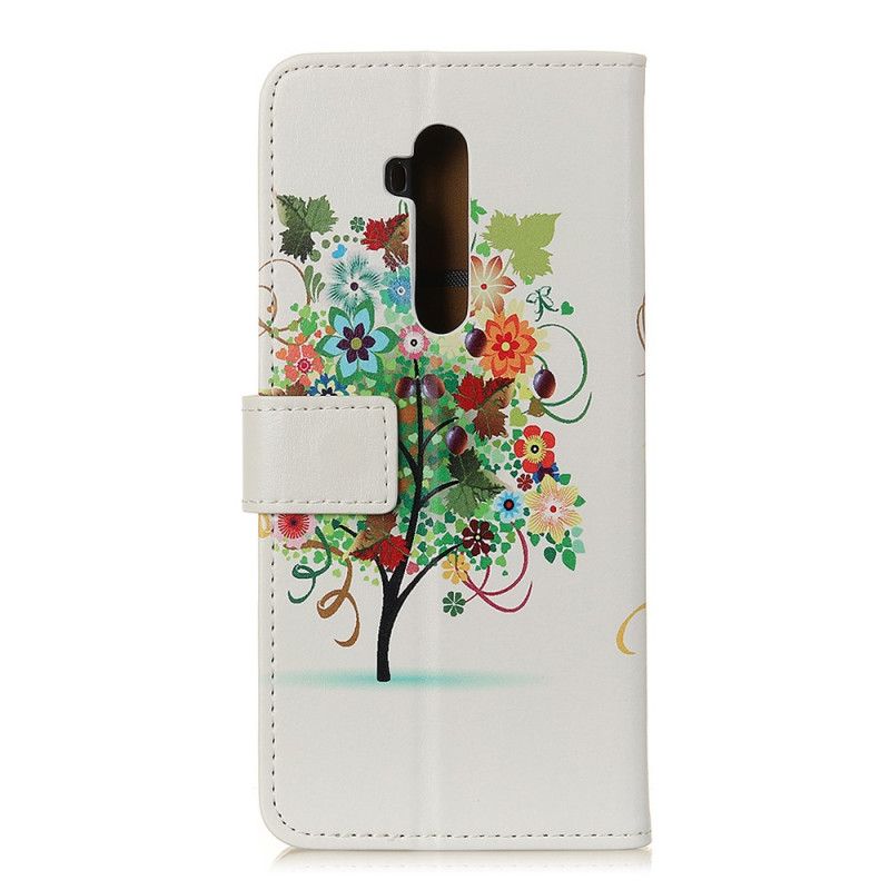 Leren Hoesje voor OnePlus 7T Pro Lichtblauw Bloeiende Boom
