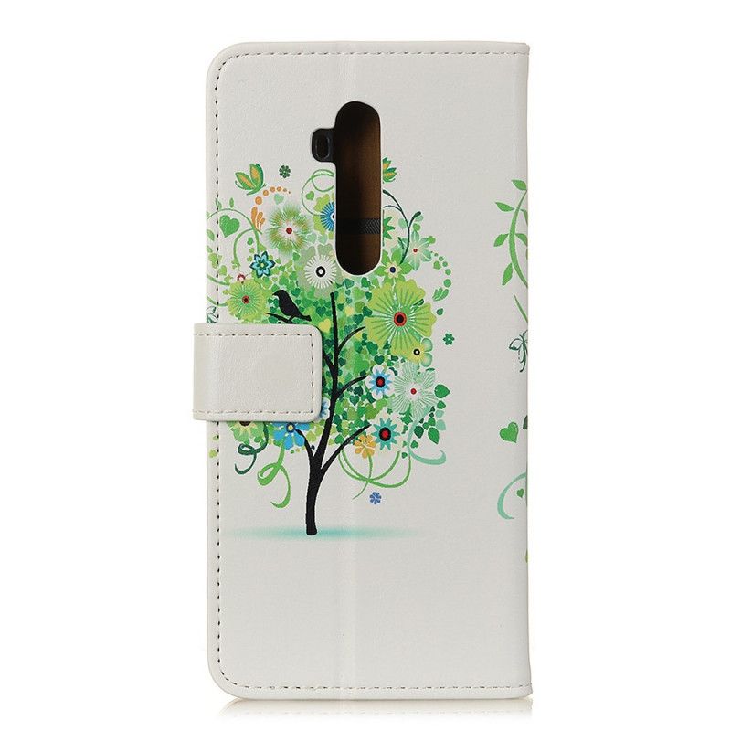 Leren Hoesje voor OnePlus 7T Pro Lichtblauw Bloeiende Boom