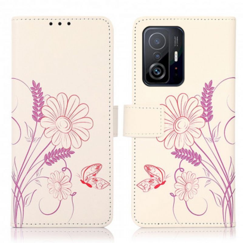 Leren Hoesje Voor Xiaomi Mi 11t / 11t Pro Vlinders En Bloemen Tekenen