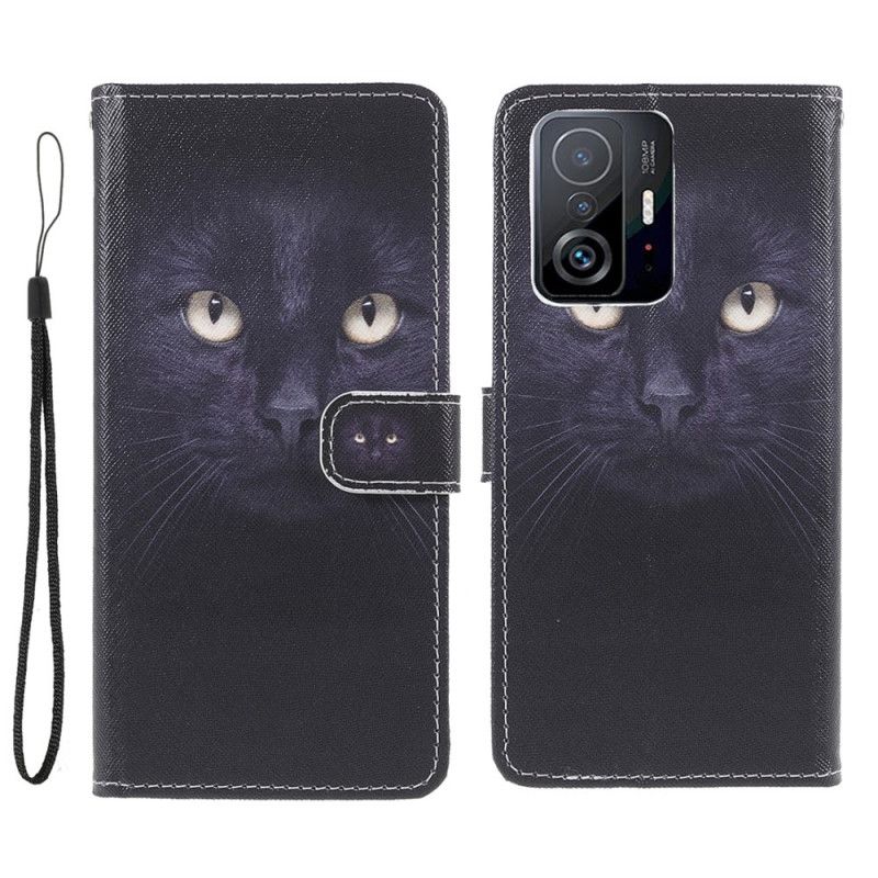 Leren Hoesje Xiaomi Mi 11t / 11t Pro Kattenogen Met Zwarte Bandjes Bescherming Hoesje