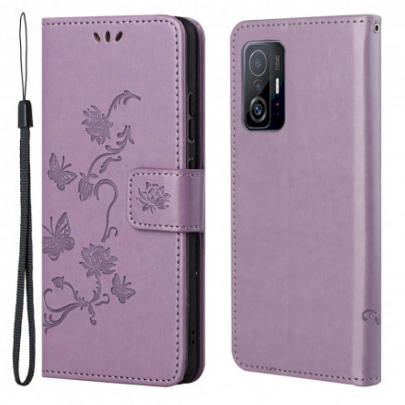 Leren Hoesje Xiaomi Mi 11t / 11t Pro Vlinders En Bloemen Strappy Bescherming Hoesje