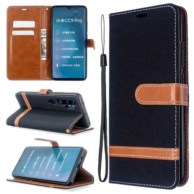 Leren Hoesje Xiaomi Mi Note 10 / 10 Pro Grijs Zwart Telefoonhoesje Stof En Leereffect Met String