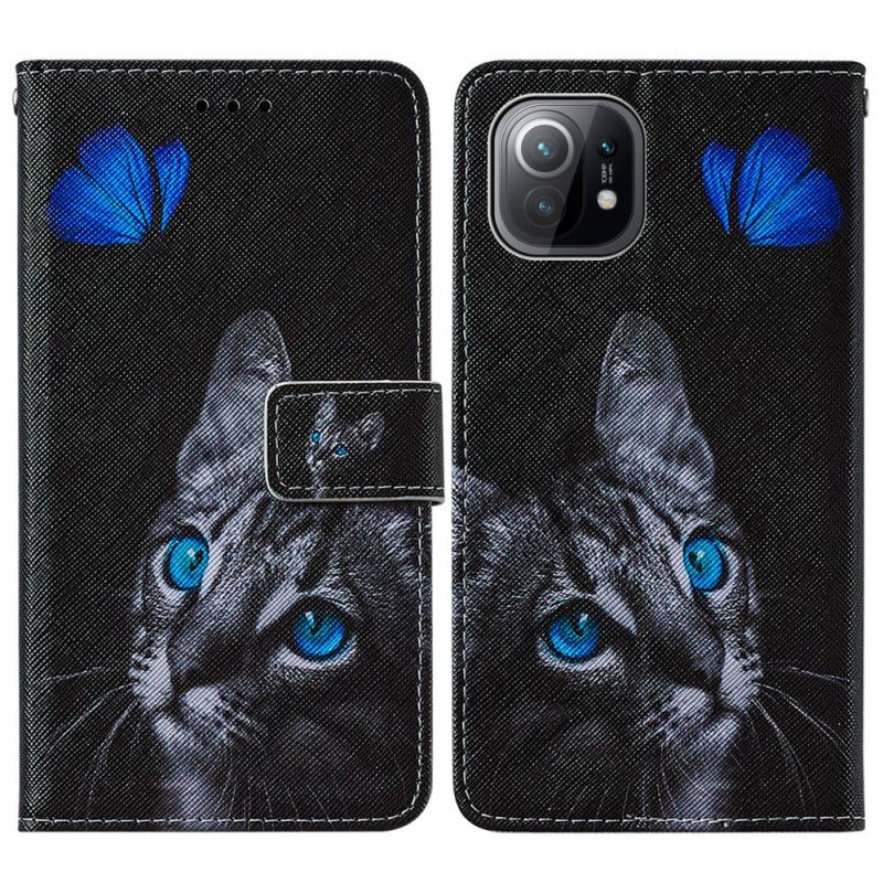 Leren Hoesje Xiaomi Mi 11 Kat En Blauwe Vlinder