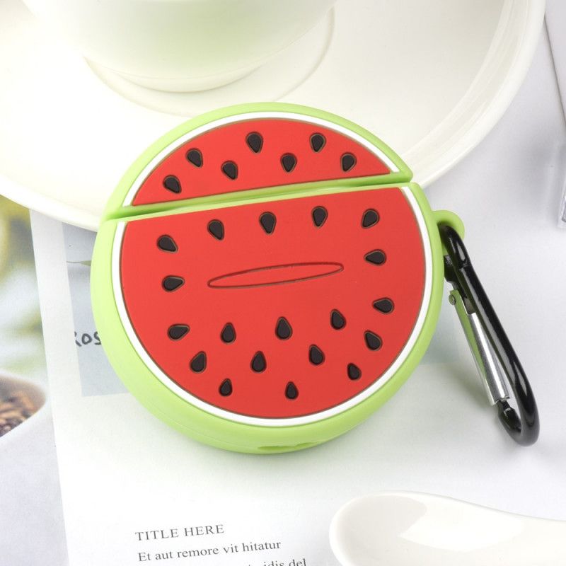 Cover Hoesje AirPods Geel Rood Telefoonhoesje Siliconen Fruit Fun-Serie Met Karabijnhaak