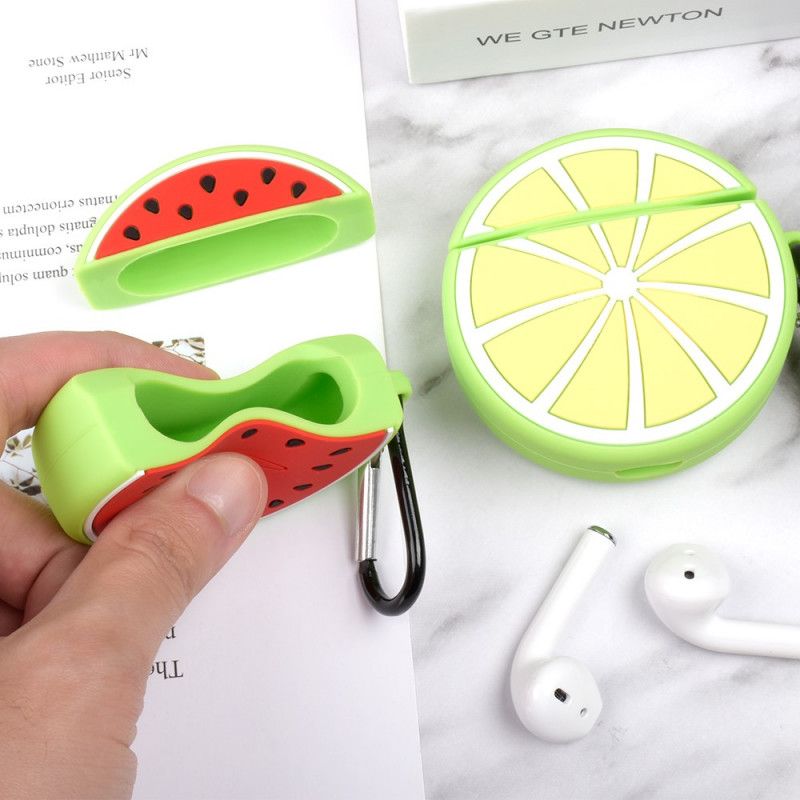 Cover Hoesje AirPods Geel Rood Telefoonhoesje Siliconen Fruit Fun-Serie Met Karabijnhaak