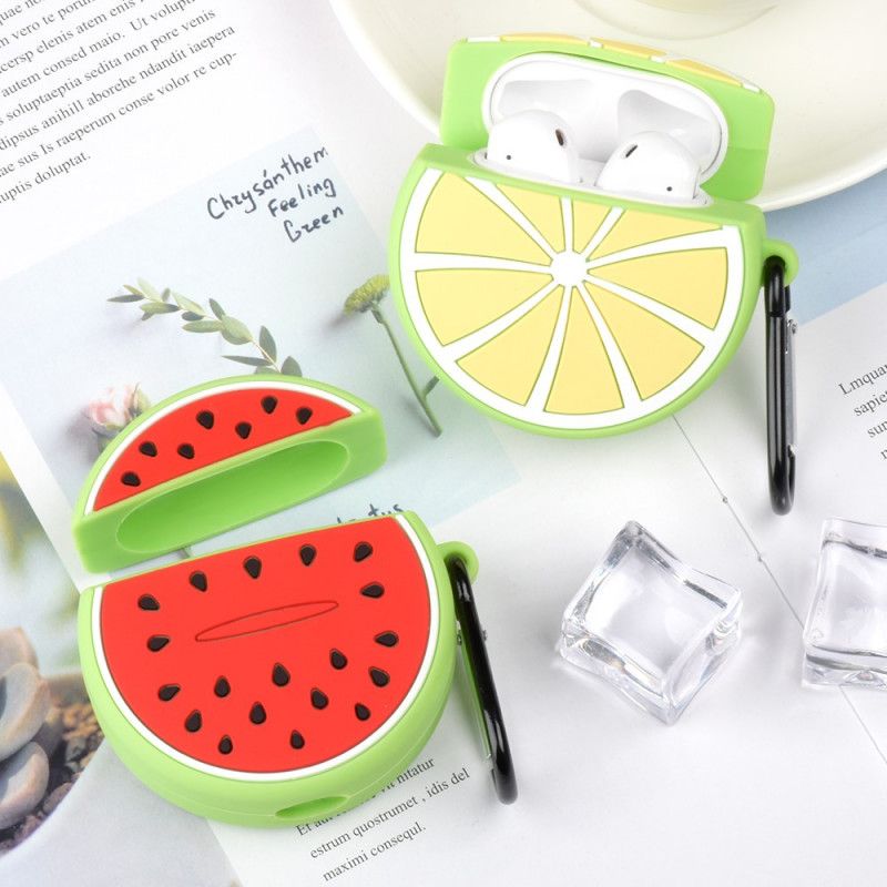 Cover Hoesje AirPods Geel Rood Telefoonhoesje Siliconen Fruit Fun-Serie Met Karabijnhaak