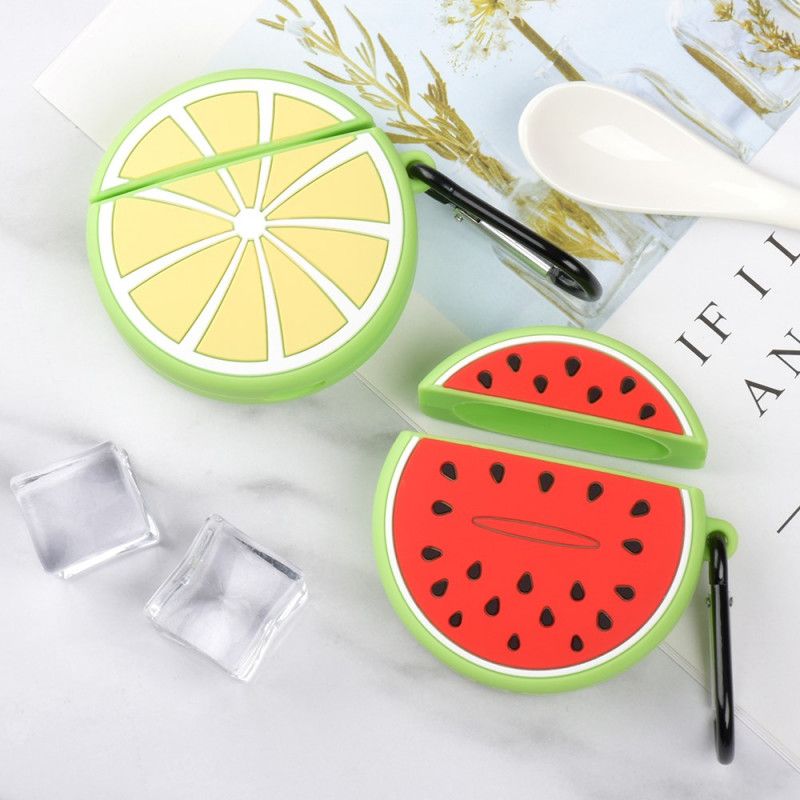 Cover Hoesje AirPods Geel Rood Telefoonhoesje Siliconen Fruit Fun-Serie Met Karabijnhaak